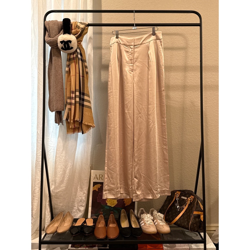 Express Super High Waisted Satin Pleated Wide Leg Palazzo Pants Champagne 8R